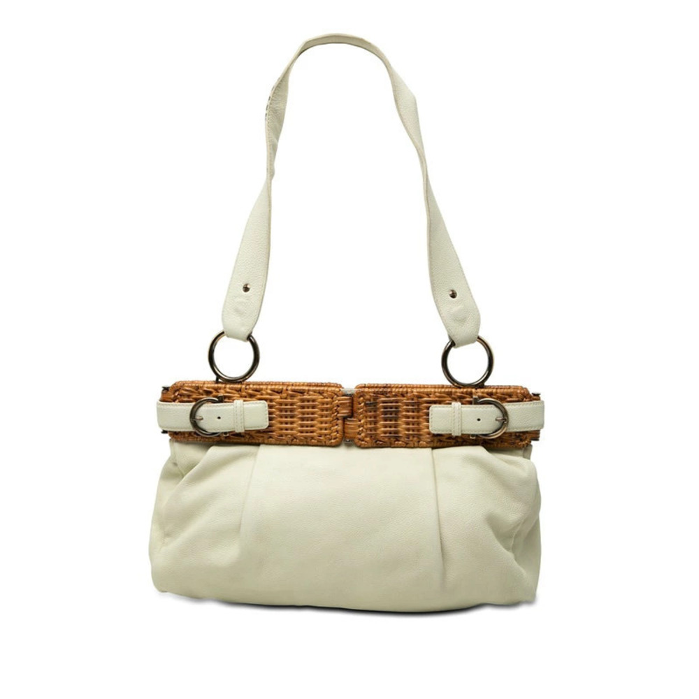 Salvatore Ferragamo Gancini Shoulder Bag Hobo Off White Leather Rattan